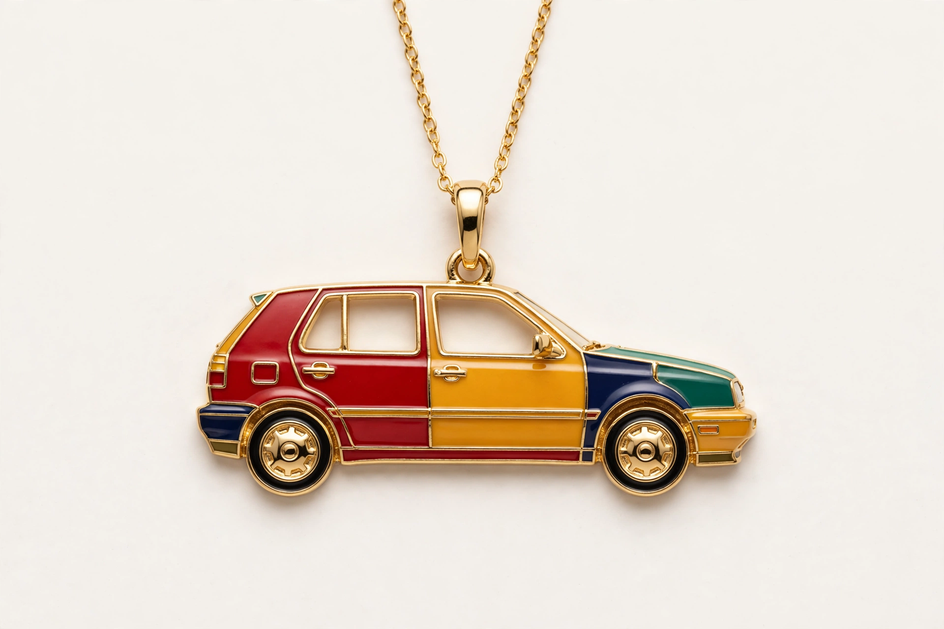 Golf side-profile pendant in four-color Harlequin enamel on a gold-tone chain
